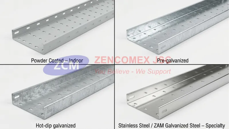 Cẩm Nang Máng Cáp Điện (Trunking): Tiêu Chuẩn Kỹ Thuật & Biện Pháp Thi Công M&E 6 4 loại bề mặt bảo vệ máng cáp điện – sơn tĩnh điện, mạ kẽm điện phân, nhúng nóng