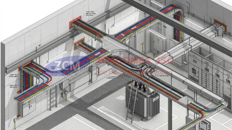 Thang máng cáp là gì? Ứng dụng, tiêu chuẩn kỹ thuật & báo giá mới nhất 4 Bản vẽ 3D quy hoạch phân nhánh máng cáp trong phòng trạm điện