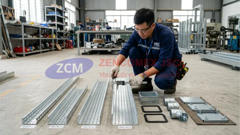Máng Cáp Điện Âm Sàn: Quy Cách Kỹ Thuật & Biện Pháp Thi Công 4 Các kích thước và phụ kiện máng cáp điện âm sàn gồm hộp chia ngã, co ngang và khớp nối kín nước_1