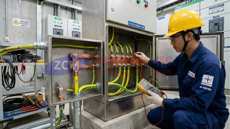 Ống Thép Luồn Dây Điện: Phân Loại, Tiêu Chuẩn & Cẩm Nang Chọn M&E 7 Dây tiếp địa được liên kết với hộp nối và hệ thống ống thép luồn dây điện để đảm bảo an toàn điện
