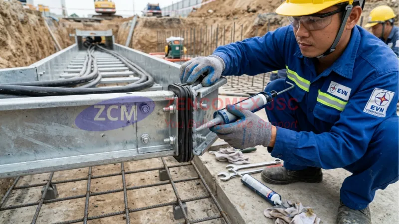 Máng Cáp Điện Âm Sàn: Quy Cách Kỹ Thuật & Biện Pháp Thi Công 6 Kiểm tra và xử lý chống thấm khớp nối máng cáp điện âm sàn trước khi đổ bê tông_5