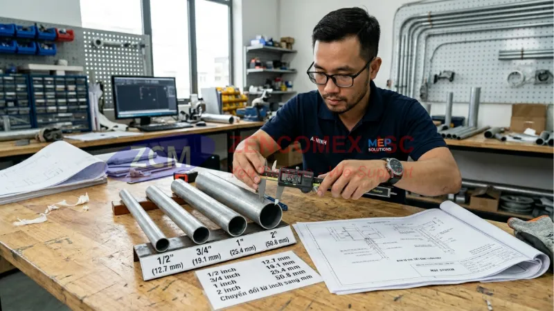 Ống Thép Luồn Dây Điện: Phân Loại, Tiêu Chuẩn & Cẩm Nang Chọn M&E 5 Kỹ sư đo đường kính ống thép luồn dây điện để quy đổi kích thước inch sang mm
