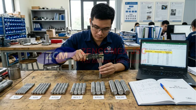 Bảng Tra Ty Ren M6 – M30: Kích Thước, Trọng Lượng Và Tải Treo An Toàn (DIN 975 / DIN 976) 3 Kỹ sư đo đường kính ty ren và tra kích thước trọng lượng ty ren M6 đến M30