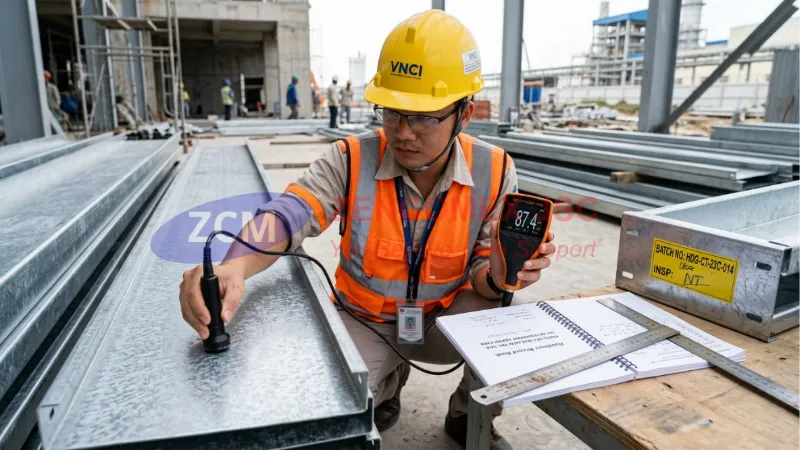 Tiêu Chuẩn Mạ Kẽm Nhúng Nóng ASTM A123 Cho Vật Tư Kim Loại Cơ Điện 4 Kỹ sư kiểm tra độ dày lớp mạ kẽm nhúng nóng trên máng cáp bằng máy đo từ tính