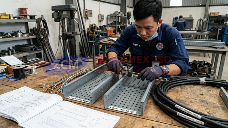 Máng Cáp Điện 300x100 Sơn Tĩnh Điện: Tiêu Chuẩn & Báo Giá Nhà Máy 4 Kỹ thuật viên đo độ dày tôn máng cáp 300x100 sơn tĩnh điện 1.2mm và 1.5mm