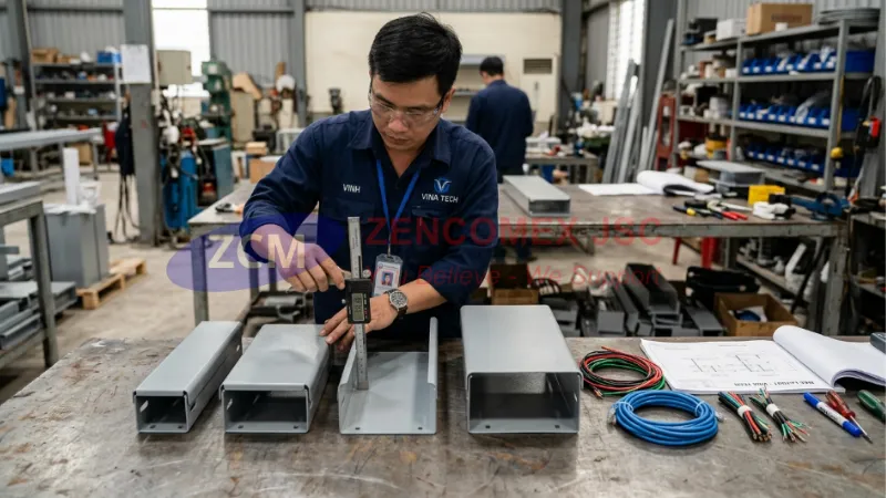 Máng Cáp Sơn Tĩnh Điện 100x50: Tiêu Chuẩn Phụ Kiện & Báo Giá 4 Kỹ thuật viên đo độ dày tôn máng cáp 300x100 sơn tĩnh điện 1.2mm và 1.5mm_9