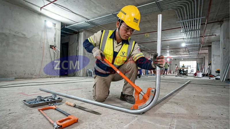 Kỹ thuật viên dùng hand bender uốn ống thép EMT đúng kỹ thuật trong thi công M&E_11