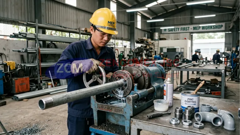 Ống Thép Luồn Dây Điện IMC: Tiêu Chuẩn, Kích Thước & Báo Giá 6 Kỹ thuật viên dùng máy tiện ren pipe threader để tạo ren cho ống thép IMC tại công trường_18