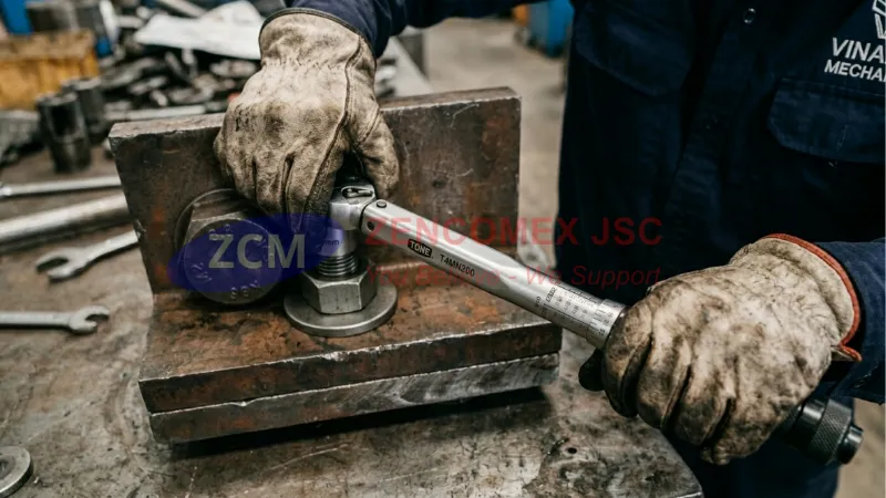Cấu Tạo Mối Ghép Bu Lông Gồm Mấy Phần? Giải Đáp Chuẩn Kỹ Thuật 3 Kỹ thuật viên siết chặt mối ghép bu lông trên hai bản thép bằng cờ lê lực