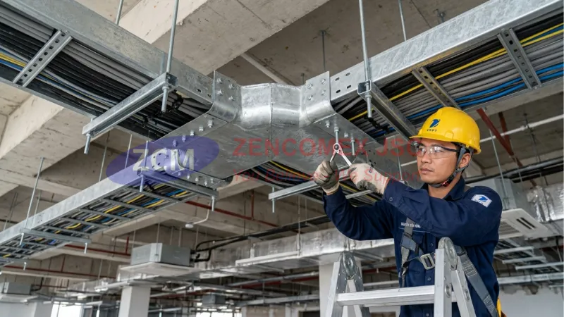 Biện Pháp Thi Công Thang Máng Cáp Điện: Quy Trình & Tiêu Chuẩn M&E 5 Lắp đặt co và tê máng cáp có giá đỡ gia cố tại điểm chuyển hướng trong hệ M&E