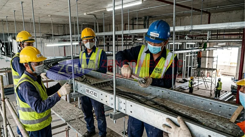 Biện Pháp Thi Công Thang Máng Cáp Điện: Quy Trình & Tiêu Chuẩn M&E 4 Lắp đặt máng cáp lên hệ giá đỡ bằng ty ren, Unistrut và bu lông đầu dù đúng chiều