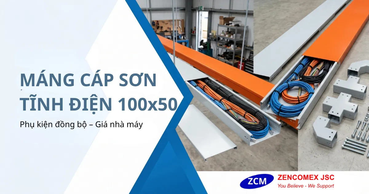 Máng cáp sơn tĩnh điện 100x50 có nắp và phụ kiện đồng bộ dùng cho hệ thống ELV_10