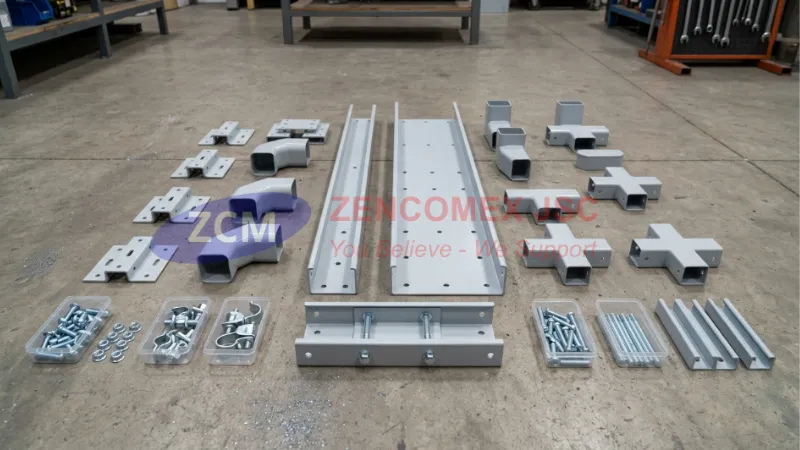 Máng Cáp Sơn Tĩnh Điện 100x50: Tiêu Chuẩn Phụ Kiện & Báo Giá 5 Phụ kiện đồng bộ cho máng cáp sơn tĩnh điện 300x100 gồm co, tê, thập, tấm nối và giá đỡ_11