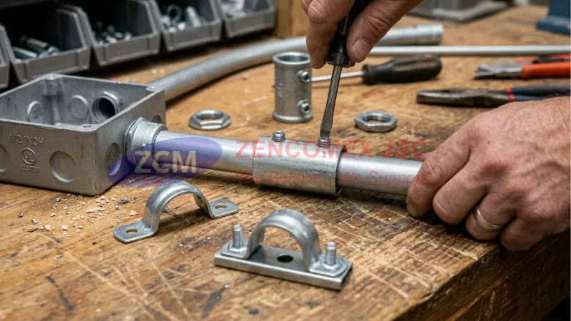 Phụ kiện set-screw gồm khớp nối trơn, box connector và kẹp giữ dùng cho ống thép EMT_14