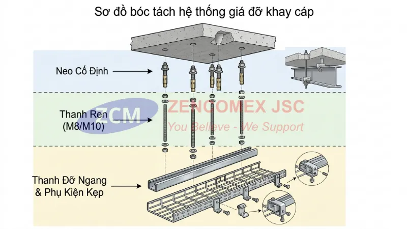 Sơ đồ 3 phần cấu tạo giá đỡ thang máng cáp – neo giữ, ty ren, thanh đỡ_1