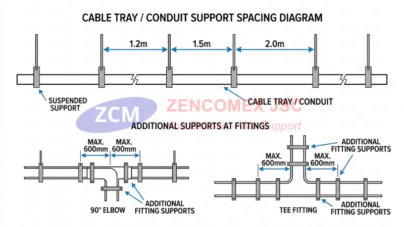 Sơ đồ minh họa khoảng cách giá đỡ 1.2m, 1.5m, 2.0m và giá đỡ tăng cường tại vị trí co, tê_2