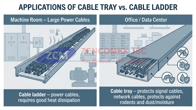 Cẩm Nang Máng Cáp Điện (Trunking): Tiêu Chuẩn Kỹ Thuật & Biện Pháp Thi Công M&E 8 Sơ đồ ứng dụng máng cáp cho cáp tín hiệu và thang cáp cho cáp động lực