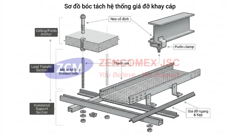 So sánh 3 hệ giá đỡ thang máng cáp – Unistrut, thép hình V_U, console tường_5