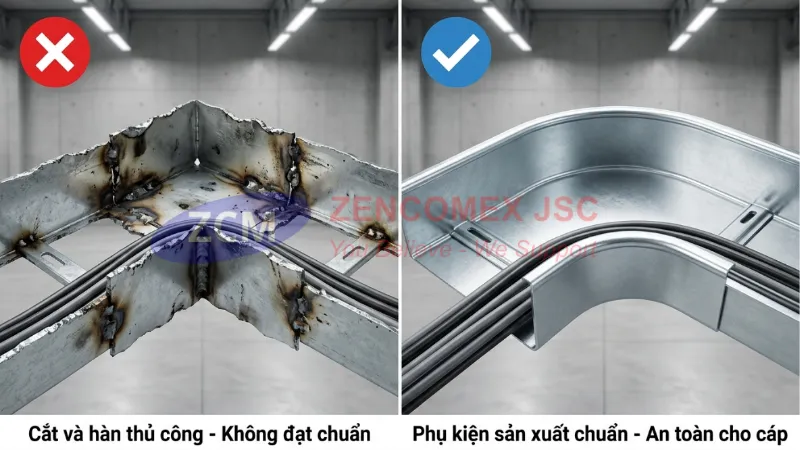 Phụ kiện thang máng cáp: Phân loại, thông số và hướng dẫn bóc tách vật tư 6 So sánh co góc cắt thủ công và co góc sản xuất chuẩn nhà máy_1
