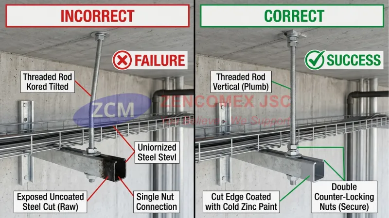 So sánh lắp đặt giá đỡ sai và đúng – ty ren thẳng đứng, xử lý vết cắt, dùng đai ốc khóa_6