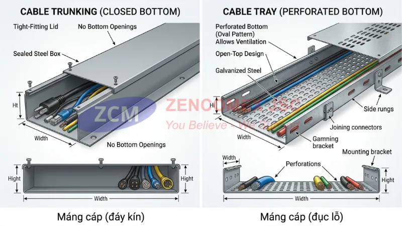 Cẩm Nang Máng Cáp Điện (Trunking): Tiêu Chuẩn Kỹ Thuật & Biện Pháp Thi Công M&E 3 So sánh máng cáp đáy kín và khay cáp đáy đục lỗ