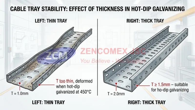 Cẩm Nang Máng Cáp Điện (Trunking): Tiêu Chuẩn Kỹ Thuật & Biện Pháp Thi Công M&E 5 So sánh máng cáp mỏng bị cong vênh và máng cáp dày sau khi mạ kẽm nhúng nóng
