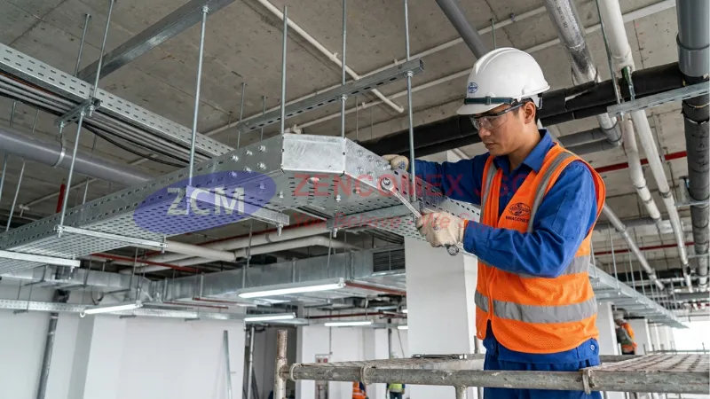 Khay Cáp Điện: Thông Số Kỹ Thuật, Kích Thước & Báo Giá Mới Nhất 6 Thi công khay cáp điện đột lỗ với co ngang, tấm nối, ty ren và thanh Unistrut