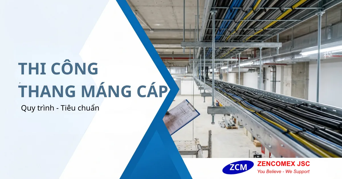 Thi công thang máng cáp điện trên trần kỹ thuật bằng ty ren và thanh Unistrut trong hệ M&E