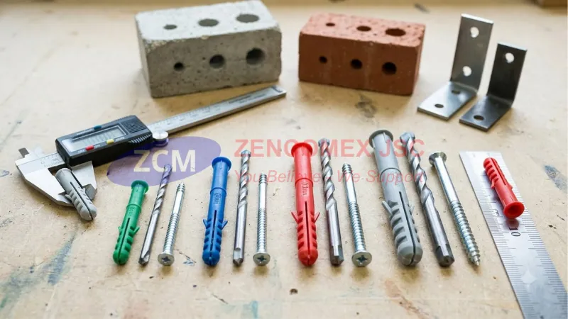 Tổng Hợp Các Loại Tắc Kê Nhựa Chịu Lực & Tắc Kê Trần Thạch Cao, Tường Gạch 5 Bảng tra tắc kê nhựa 6–12 mm, mũi khoan và đường kính vít tương ứng.