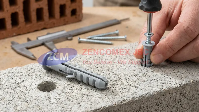 Cấu tạo tắc kê nhựa gồm vành chặn, thân gai nở và vít kim loại tạo lực bám trong tường