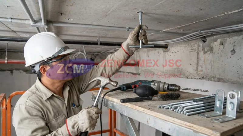 Đóng tắc kê đạn bằng setting tool để neo ty ren treo hệ thống M&E lên trần bê tông