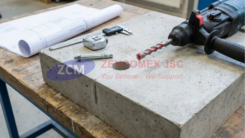 Khoan lỗ bê tông bằng mũi D12 đúng đường kính và chiều sâu để lắp tắc kê đạn M10_13
