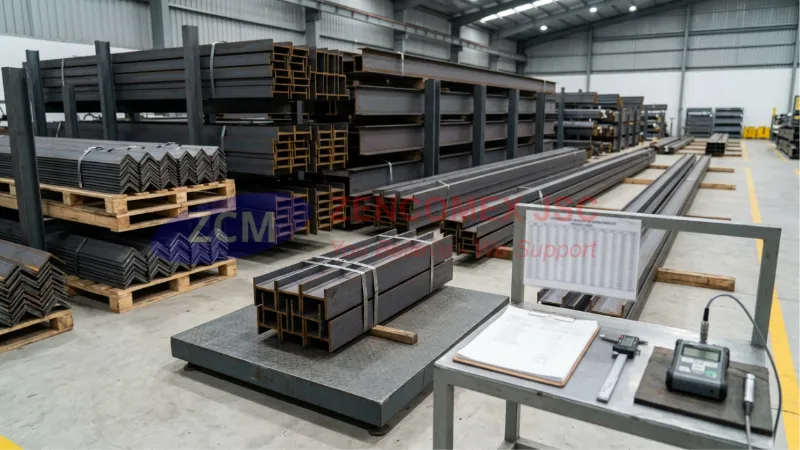 Kiểm tra trọng lượng thực tế, phiếu cân và dung sai thép hình I, H, U, V tại kho Zencomex_7