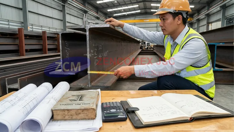 Thép Hình Là Gì? Quy Cách, Tiêu Chuẩn & Bảng Tra Lực Cho Kỹ Sư Kết Cấu 6 Kỹ sư đo chiều cao dầm, bề rộng cánh và độ dày thép hình để tra thông số chịu lực