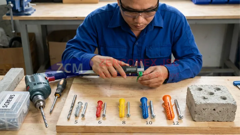 Kỹ thuật viên chọn mũi khoan và vít tương ứng với kích thước tắc kê nhựa