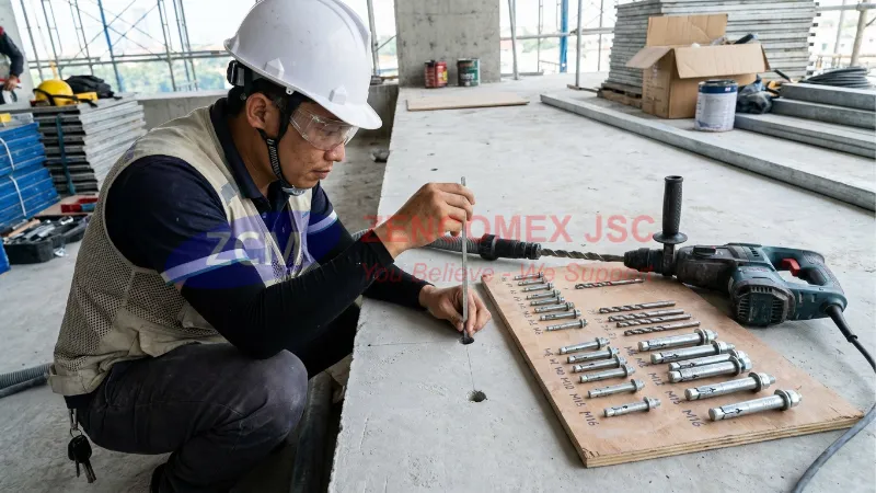 Kỹ thuật viên kiểm tra đường kính mũi khoan và độ sâu lỗ trước khi lắp tắc kê kim loại M6-M20