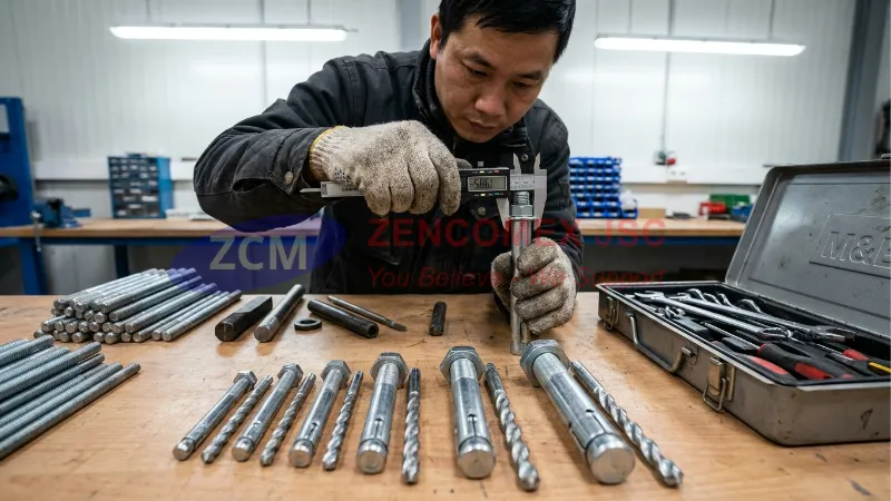 Kỹ thuật viên kiểm tra kích thước tắc kê đạn M6-M20 và mũi khoan bê tông tương ứng_10