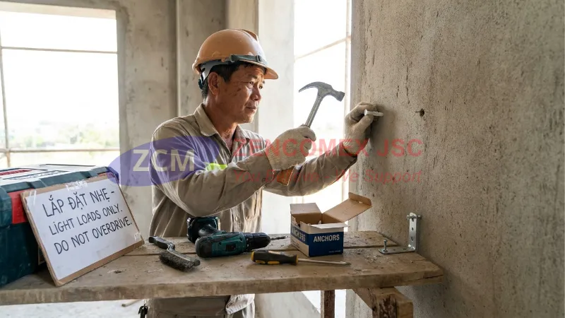 Quy trình khoan lỗ, đóng tắc kê nhựa và siết vít cố định vật treo nhẹ lên tường bê tông