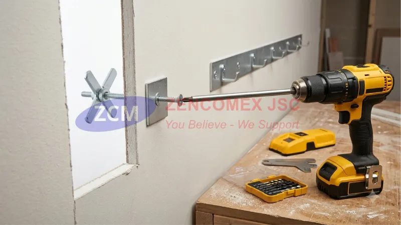 Kỹ thuật lắp tắc kê bướm và tắc kê xoắn lên trần thạch cao đúng lực, không làm xé hoặc lõm tấm.