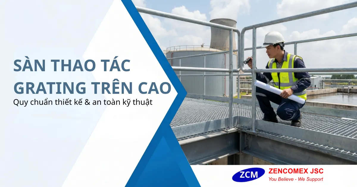 Sàn thao tác grating trên cao có lan can, toe board và dầm đỡ an toàn trong nhà máy công nghiệp_1