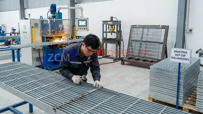 Sản xuất sàn grating bằng công nghệ hàn tiếp điểm áp lực cao tần giúp thanh xoắn chìm vào thanh la_7