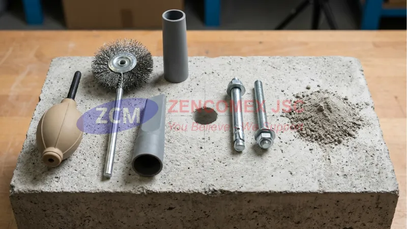 Vệ sinh lỗ khoan bằng bơm thổi bụi và chổi cọ giúp tắc kê đạn M10 đạt lực giữ tốt hơn_9