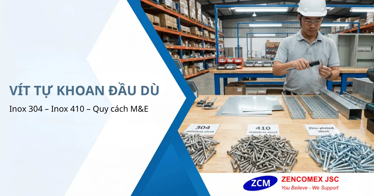 Vít tự khoan đầu dù inox 304 inox 410 dùng cho máng cáp, mái tôn, HVAC và tủ điện_1