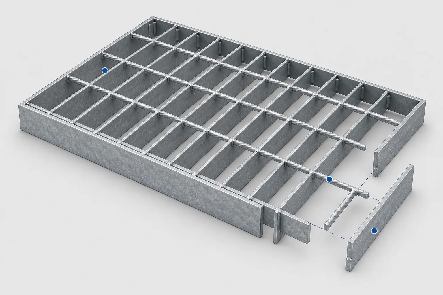 Cấu tạo tấm sàn grating gồm bearing bar cross bar và thanh viền
