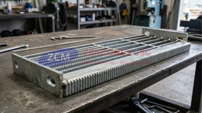 Cấu tạo bậc cầu thang grating gồm Bearing Bar, Cross Bar, End Plate, Nosing và lỗ bắt bu lông_2