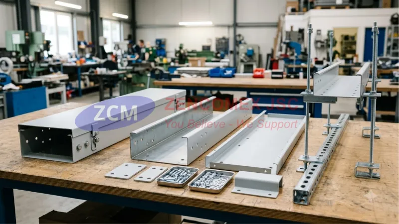 Cấu tạo hệ thống máng cáp điện gồm thân máng, nắp, bản nối, bu lông và giá treo M&E_4