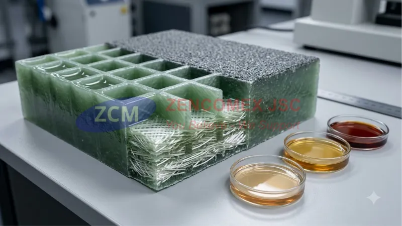 Cấu tạo tấm FRP Grating gồm nhựa nền, sợi thủy tinh gia cường và kết cấu lưới đúc liền khối_3