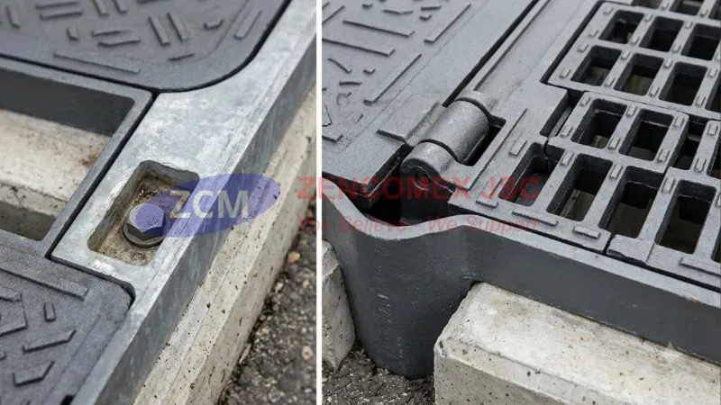 Khung V chịu lực, chốt chống xô và bản lề cho nắp mương grating Heavy Duty_1