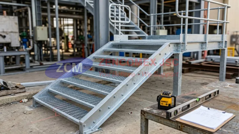 Cấu tạo bậc cầu thang grating gồm Bearing Bar, Cross Bar, End Plate, Nosing và lỗ bắt bu lông_2