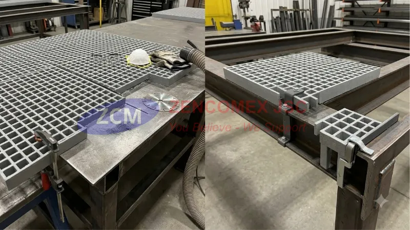 Kỹ thuật cắt tấm FRP Grating và lắp kẹp M-Clip, J-Clip cố định trên khung đỡ_4